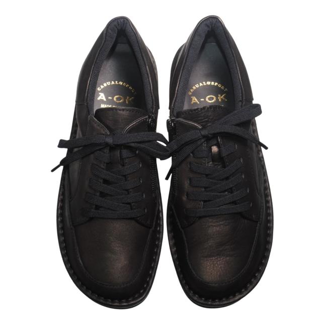 【靴のHOSHIKAWA】  『A-OK 60251』 エーオーケー ブーティー 22cm〜24.5cm レディース ブラック カジュアル レースアップ ファスナー コンフォートシューズ 幅が広い 牛革 国産