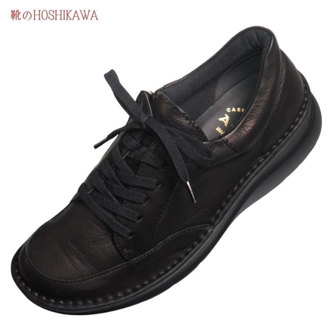 【靴のHOSHIKAWA】  『A-OK 60251』 エーオーケー ブーティー 22cm〜24.5cm レディース ブラック カジュアル レースアップ ファスナー コンフォートシューズ 幅が広い 牛革 国産