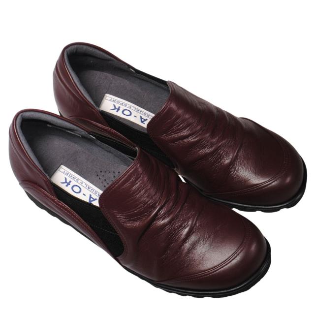 【靴のHOSHIKAWA】  『A-OK 6218』 エーオーケー スリッポン 22cm〜24.5cm レディース ボルドー サイドゴア ブーティー シボ加工 牛革 幅広 日本製 秋冬