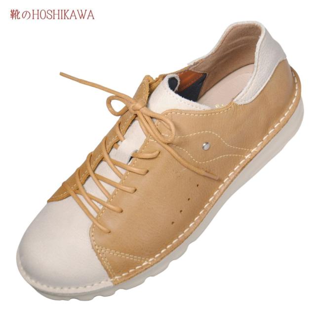 【靴のHOSHIKAWA】  『A-OK 7091』 エーオーケー アズーレ/イエロー 21.5cm〜25cm EEEE レザースニーカー 撥水加工 ファスナー 厚底 レースアップ 牛革