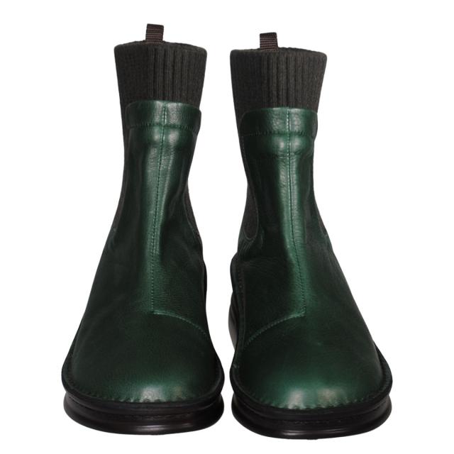 【靴のHOSHIKAWA】  『A-OK 7094』 エーオーケー ニットブーツ 22cm〜24.5cm 幅広 レディース グリーン ショート丈 ブーツ 牛革 厚底 秋冬