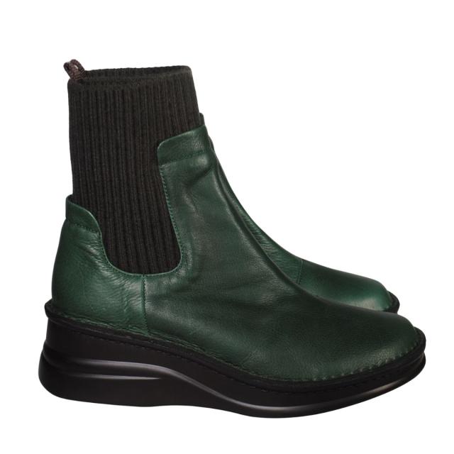 【靴のHOSHIKAWA】  『A-OK 7094』 エーオーケー ニットブーツ 22cm〜24.5cm 幅広 レディース グリーン ショート丈 ブーツ 牛革 厚底 秋冬