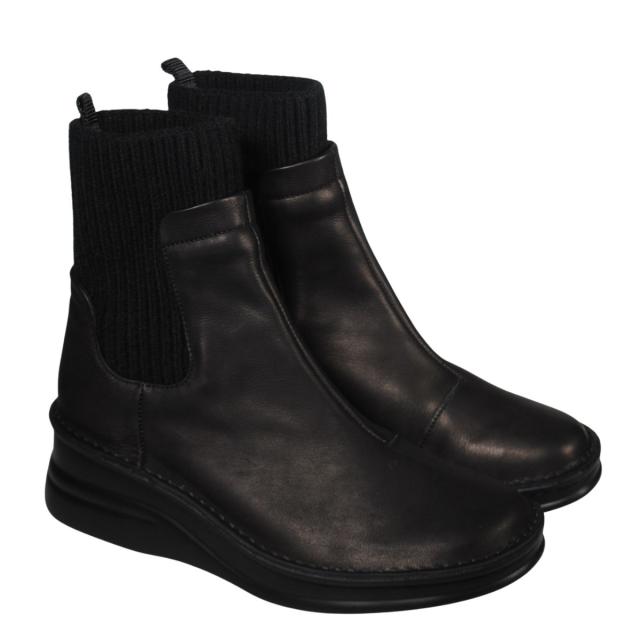 【靴のHOSHIKAWA】  『A-OK 7094』 エーオーケー ニットブーツ 22cm〜24.5cm 幅広 レディース ブラック ショート丈 ブーツ 牛革 厚底 秋冬