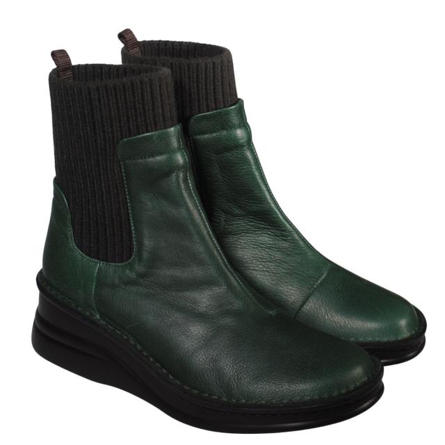 【靴のHOSHIKAWA】  『A-OK 7094』 エーオーケー ニットブーツ 22cm〜24.5cm 幅広 レディース グリーン ショート丈 ブーツ 牛革 厚底 秋冬