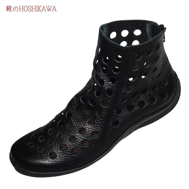 【靴のHOSHIKAWA】  『A-OK 7319』 エーオーケー ショートブーツ 21.5cm〜25cm レディース ブラック 後ろファスナー 撥水加工  軽量 日本製 牛革 春夏