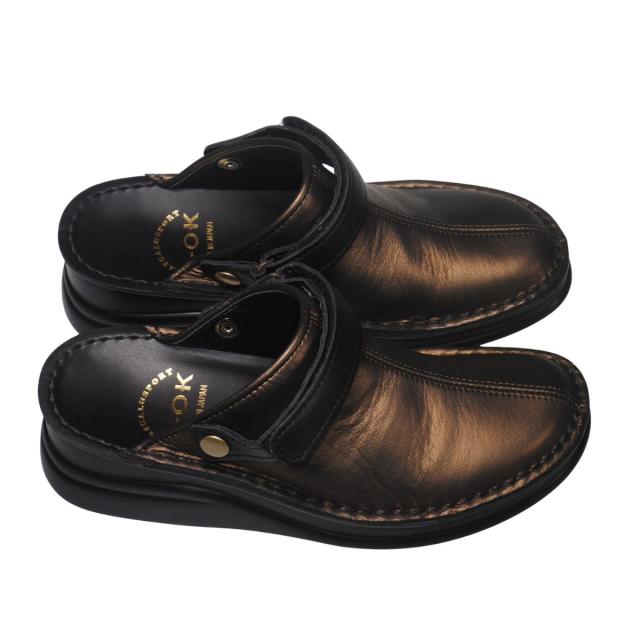 【靴のHOSHIKAWA】  『A-OK INCHOLJE  8171』 21.5cm〜24.5cm レディース サボサンダル  ブロンズ/ブラック バックベルト 厚底 国産 本革 前詰まり