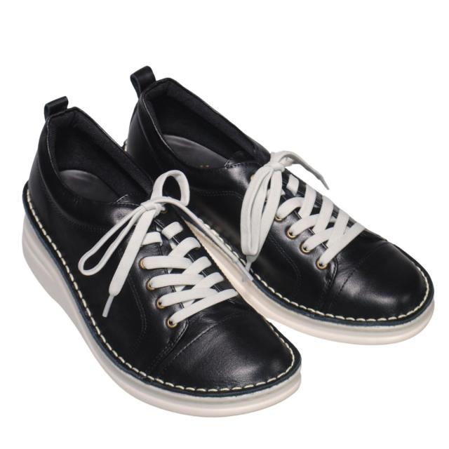 【靴のHOSHIKAWA】  『A-OK 8480W』 エーオーケー スニーカー 22cm〜24.5cm レディース ブラック レースアップ 天然皮革 厚底 日本製 牛革