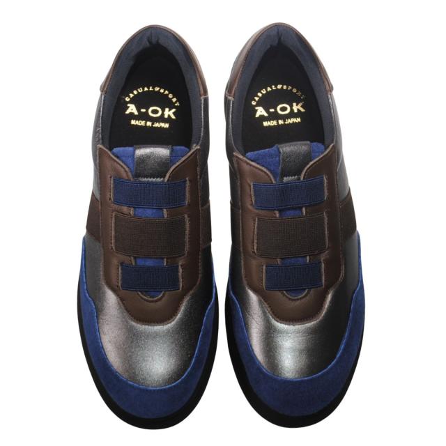 【靴のHOSHIKAWA】  『A-OK 92501』 エーオーケー スリッポン 22cm〜24.5cm EEEE ネイビー/ガンメタリック/ダークブラウン カジュアル ゴムバンド レディース コンフォートシューズ 幅が広い 牛革 国産
