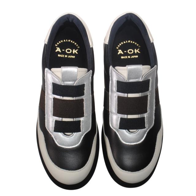 【靴のHOSHIKAWA】  『A-OK 92501』 エーオーケー スリッポン 22cm〜24.5cm EEEE オフホワイト/ブラック/シルバー カジュアル ゴムバンド レディース コンフォートシューズ 幅が広い 牛革 国産