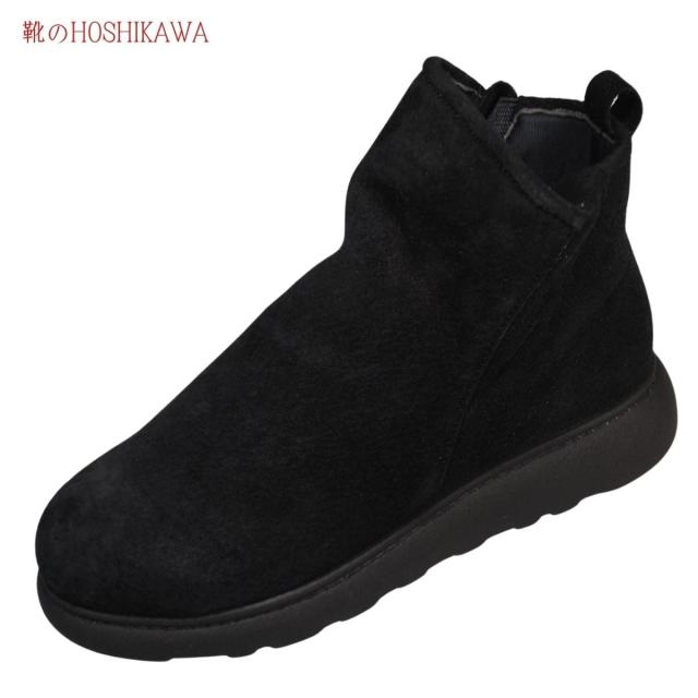 【靴のHOSHIKAWA】  『A-OK 94405P』 エーオーケー ショートブーツ 22cm〜24.5cm EEEE レディース ブラック ショート丈 スウェード サイドゴア 幅が広い 国産 牛革 厚底 秋冬