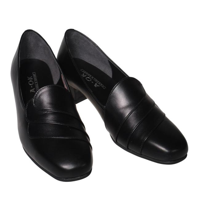 【靴のHOSHIKAWA】  『A-OK AA606』 22.5cm〜24.5cm EEE レディース パンプス ブラック ローヒール アーモンドトゥ フォーマル ビジネス 冠婚葬祭 日本製 本革 幅広