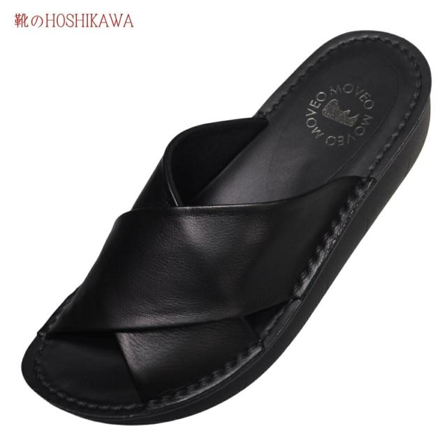 【靴のHOSHIKAWA】  『MOVEO 53220』 モベオ サンダル S M L 2L EEEE レディース ブラック クッションが良い 幅が広い 防滑厚底 前開き 日本製 天然皮革 春夏
