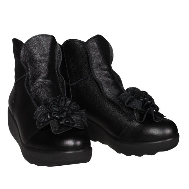 【靴のHOSHIKAWA】  『SPORTS NINE 1422』 スポーツナイン ショートブーツ 21.5cm〜24.5cm EEE ブラック レディース ショート丈 厚底 ブーツ 花コサージュ 後ろファスナー 本革 国産 秋冬