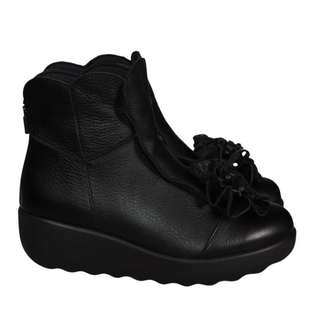 【靴のHOSHIKAWA】  『SPORTS NINE 1422』 スポーツナイン ショートブーツ 21.5cm〜24.5cm EEE ブラック レディース ショート丈 厚底 ブーツ 花コサージュ 後ろファスナー 本革 国産 秋冬