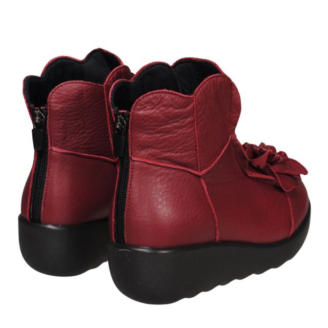 【靴のHOSHIKAWA】  『SPORTS NINE 1422』 スポーツナイン ショートブーツ 21.5cm〜24.5cm EEE ワイン レディース ショート丈 厚底 ブーツ 花コサージュ 後ろファスナー 本革 国産 秋冬