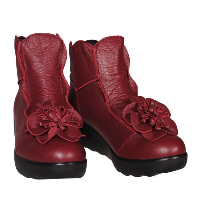 【靴のHOSHIKAWA】  『SPORTS NINE 1422』 スポーツナイン ショートブーツ 21.5cm〜24.5cm EEE ワイン レディース ショート丈 厚底 ブーツ 花コサージュ 後ろファスナー 本革 国産 秋冬