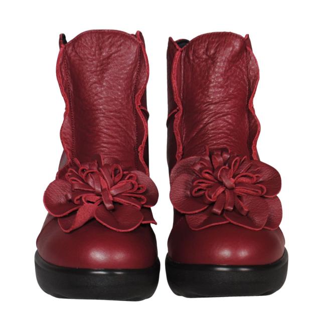 【靴のHOSHIKAWA】  『SPORTS NINE 1422』 スポーツナイン ショートブーツ 21.5cm〜24.5cm EEE ワイン レディース ショート丈 厚底 ブーツ 花コサージュ 後ろファスナー 本革 国産 秋冬