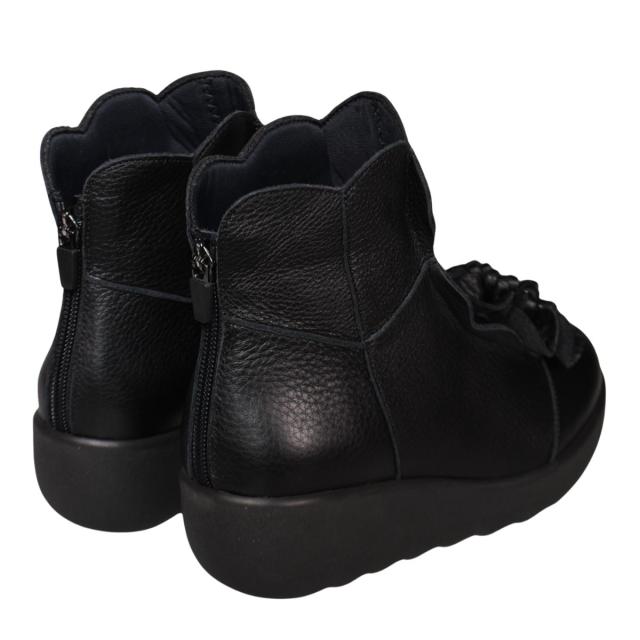 【靴のHOSHIKAWA】  『SPORTS NINE 1422』 スポーツナイン ショートブーツ 21.5cm〜24.5cm EEE ブラック レディース ショート丈 厚底 ブーツ 花コサージュ 後ろファスナー 本革 国産 秋冬