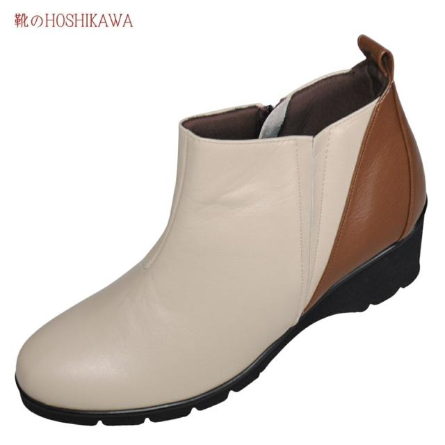 【靴のHOSHIKAWA】  『SPORTS NINE 4525』 スポーツナイン ショートブーツ 22cm〜24.5cm EEE ベージュC レディース ウェッジソール ショート丈 スムース革 本革 幅広 国産 防滑