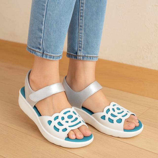 【靴のHOSHIKAWA】  『SPORTS NINE 4707』 スポーツナイン サンダル 21.5cm〜24.5cm EEE ホワイト オープントゥ ウェッジソール マジックテープ コンフォート バックベルト 日本製 本革 春夏