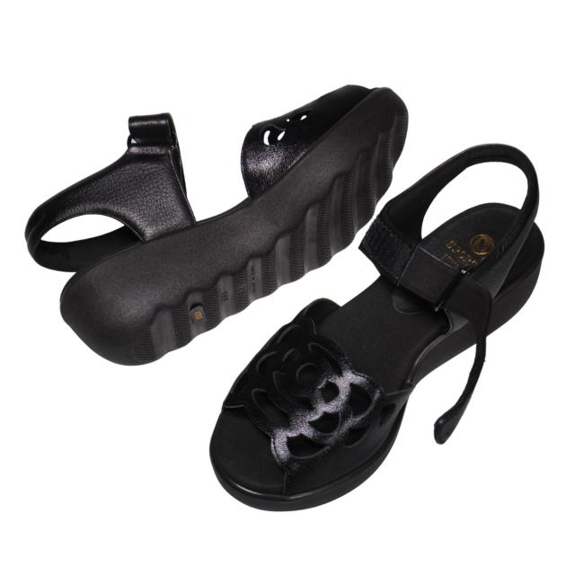 【靴のHOSHIKAWA】  『SPORTS NINE 4707』 スポーツナイン サンダル 21.5cm〜24.5cm EEE ブラック オープントゥ ウェッジソール マジックテープ コンフォート バックベルト 日本製 本革 春夏