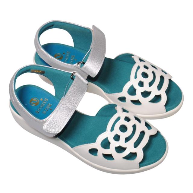 【靴のHOSHIKAWA】  『SPORTS NINE 4707』 スポーツナイン サンダル 21.5cm〜24.5cm EEE ホワイト オープントゥ ウェッジソール マジックテープ コンフォート バックベルト 日本製 本革 春夏