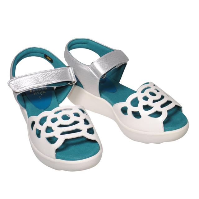 【靴のHOSHIKAWA】  『SPORTS NINE 4707』 スポーツナイン サンダル 21.5cm〜24.5cm EEE ホワイト オープントゥ ウェッジソール マジックテープ コンフォート バックベルト 日本製 本革 春夏