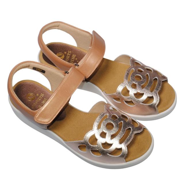 【靴のHOSHIKAWA】  『SPORTS NINE 4707』 スポーツナイン サンダル 21.5cm〜24.5cm EEE ピンク オープントゥ ウェッジソール マジックテープ コンフォート バックベルト 日本製 本革 春夏