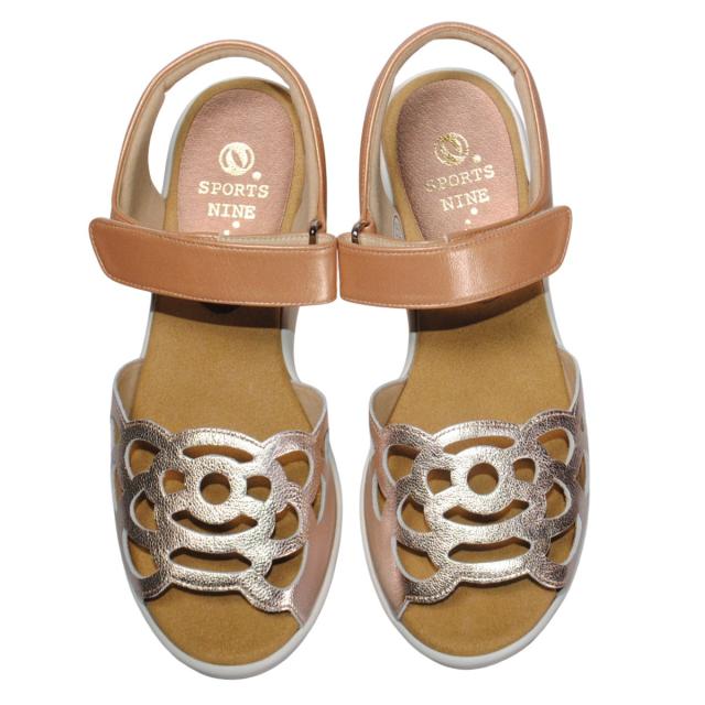 【靴のHOSHIKAWA】  『SPORTS NINE 4707』 スポーツナイン サンダル 21.5cm〜24.5cm EEE ピンク オープントゥ ウェッジソール マジックテープ コンフォート バックベルト 日本製 本革 春夏