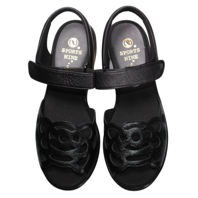 【靴のHOSHIKAWA】  『SPORTS NINE 4707』 スポーツナイン サンダル 21.5cm〜24.5cm EEE ブラック オープントゥ ウェッジソール マジックテープ コンフォート バックベルト 日本製 本革 春夏
