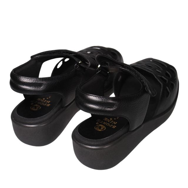 【靴のHOSHIKAWA】  『SPORTS NINE 4707』 スポーツナイン サンダル 21.5cm〜24.5cm EEE ブラック オープントゥ ウェッジソール マジックテープ コンフォート バックベルト 日本製 本革 春夏