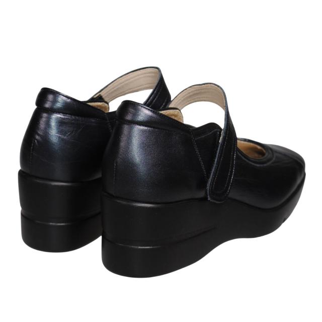 【靴のHOSHIKAWA】  『SALON DE GRES SL18386』 サロンドグレー パンプス 22cm〜24.5cm EEEE ブラック レディース ウェッジソール マジックテープ コンフォート 日本製 本革 幅広 外反母趾