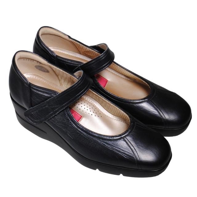 【靴のHOSHIKAWA】  『SALON DE GRES SL18386』 サロンドグレー パンプス 22cm〜24.5cm EEEE ブラック レディース ウェッジソール マジックテープ コンフォート 日本製 本革 幅広 外反母趾