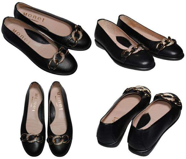 【靴のHOSHIKAWA】  『MONET 1624』 モネ パンプス 22.5cm〜25cm EEE カッター レディース フラット底 ブラック ラインストーン カジュアル 本革 国産