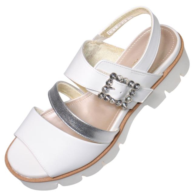 【靴のHOSHIKAWA】  『MONET 212301』 モネ サンダル 21cm〜24.5cm EEE ホワイト レディース ビジュー ストラップ ウェッジソール バックベルト 本革 国産 春夏