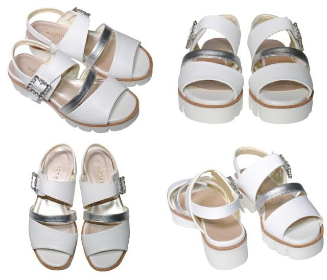 【靴のHOSHIKAWA】  『MONET 212301』 モネ サンダル 21cm〜24.5cm EEE ホワイト レディース ビジュー ストラップ ウェッジソール バックベルト 本革 国産 春夏