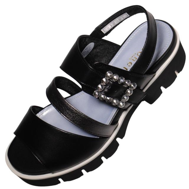 【靴のHOSHIKAWA】  『MONET 212301』 モネ サンダル 21cm〜24.5cm EEE ブラック レディース ビジュー ストラップ ウェッジソール バックベルト 本革 国産 春夏