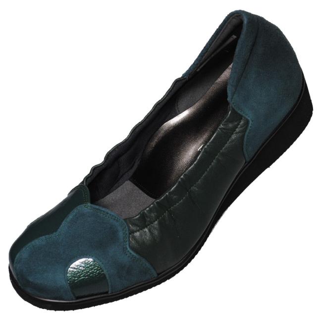 【靴のHOSHIKAWA】  『Dona Miss 30』 ドナミス パンプス 21.5cm〜24.5cm EEEE グリーン ウェッジヒール カジュアル 幅が広い エナメル スウェード 本革 日本製