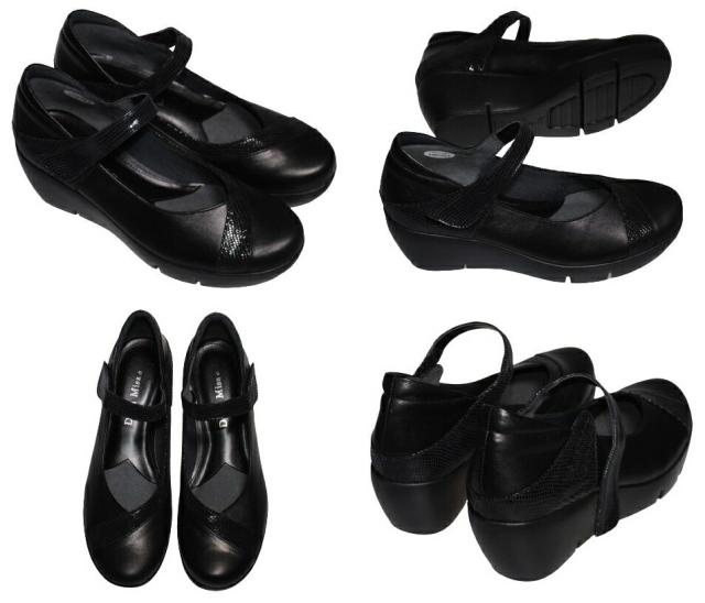 【靴のHOSHIKAWA】  『Dona Miss 3707』 ドナミス  21.5cm〜24.5cm EEE ブラック レディース ウェッジソール ベルクロ 幅広 牛革 国産