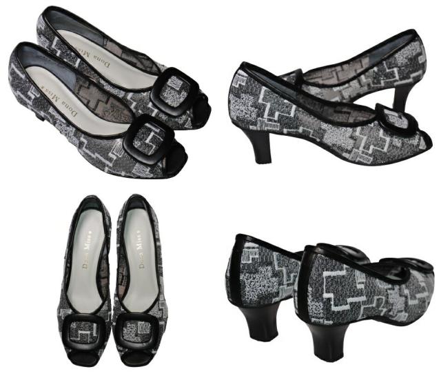 【靴のHOSHIKAWA】  『Dona Miss 7118』 21.5cm〜24.5cm EEE ドナミス パンプス レディース ライトグレー バックル ローヒール チュールレース 国産 本革 春夏