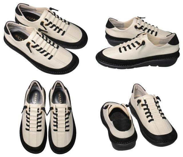 【靴のHOSHIKAWA】  『MONET 881404』 モネ レザーシューズ 21.5cm〜24.5cm EEEE オフシロ/C レディース ラバーレース スリッポン 本革 国産 幅広 春夏