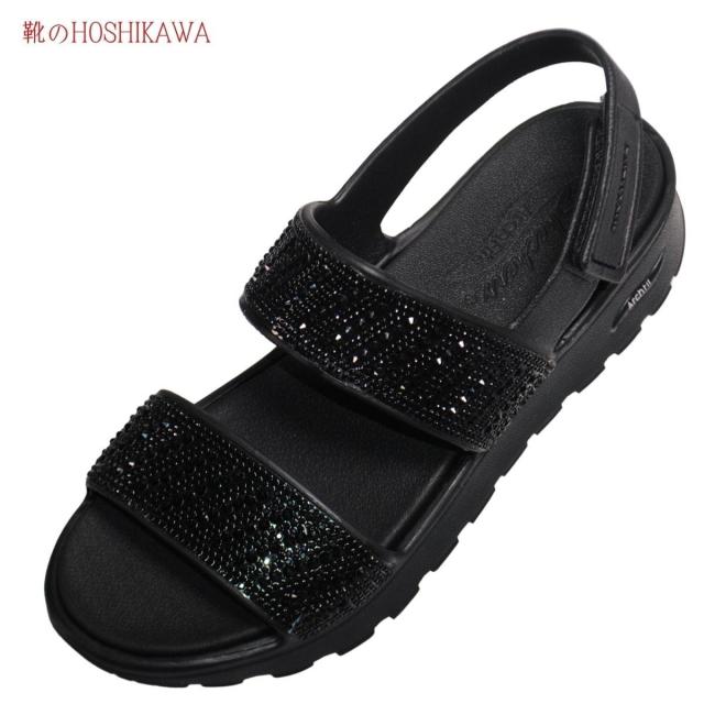 SKECHERS 111531 22cm〜26cm レディース スケッチャーズ サンダル ウェッジソール オープントゥ バックベルト マジックテープ ラインストーン スポーツ ブラック 合皮 春夏