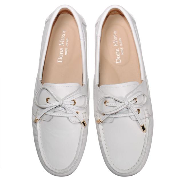【靴のHOSHIKAWA】  『Dona Miss 10029-73』 21.5cm〜25cm レディース ドナミス ローファー レース ホワイト フラット スクエアトウ 低反発クッション 本革