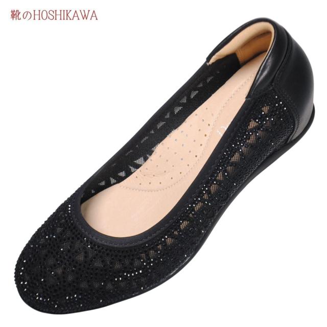 【靴のHOSHIKAWA】  『Dona Miss 129-9』 22cm〜24.5cm レディース ドナミス パンプス ブラック ラインストーン ウェッジソール インヒール チュールレース 涼しい 本革 軽い 春夏