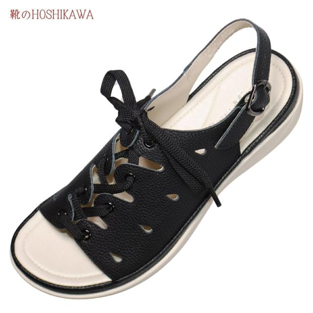 【靴のHOSHIKAWA】  『Dona Miss 186--32』 22.5cm〜25cm コンフォートサンダル ドナミス レディース レースアップ クロシュリンク オープントゥ バックベルト 低反発クッション 本革 春夏