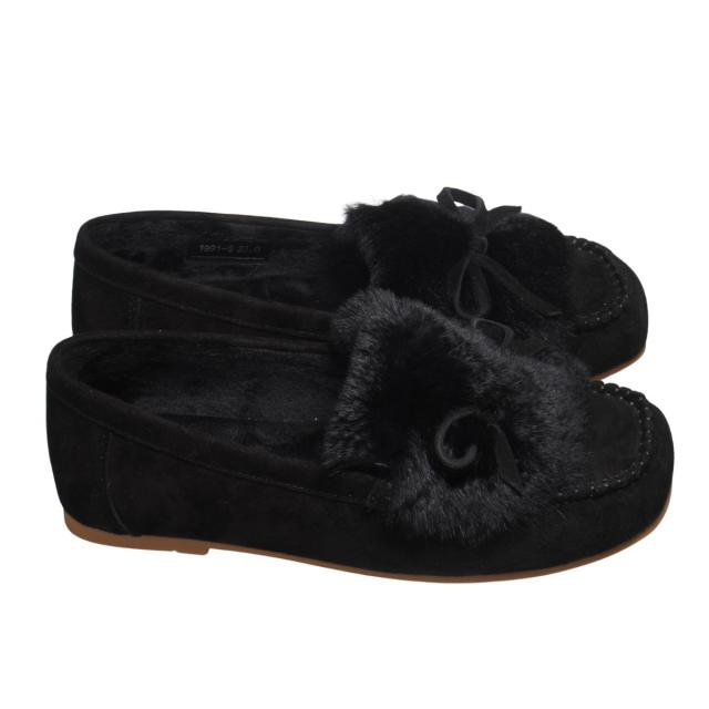 【靴のHOSHIKAWA】  『Dona Miss 1991-8』 ドナミス モカシン 22cm〜24.5cm レディース ブラック ラビットファー カジュアル レザーシューズ スクエアトゥ フラット  国産 天然皮革 秋冬
