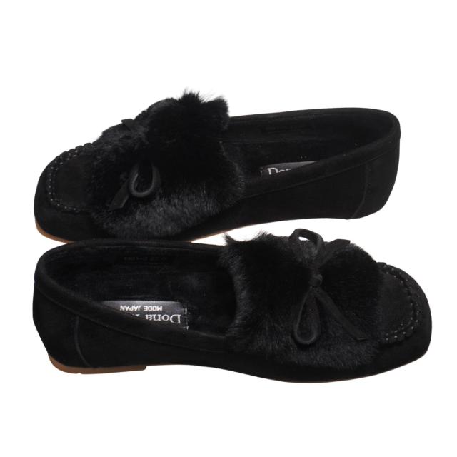 【靴のHOSHIKAWA】  『Dona Miss 1991-8』 ドナミス モカシン 22cm〜24.5cm レディース ブラック ラビットファー カジュアル レザーシューズ スクエアトゥ フラット  国産 天然皮革 秋冬