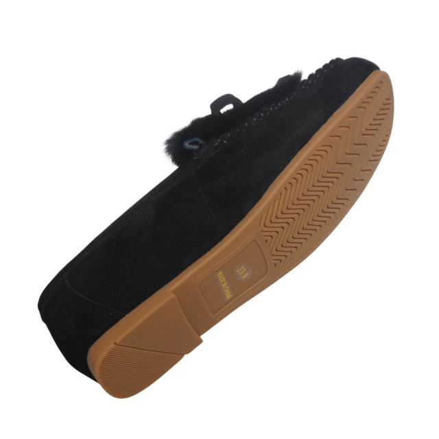 【靴のHOSHIKAWA】  『Dona Miss 1991-8』 ドナミス モカシン 22cm〜24.5cm レディース ブラック ラビットファー カジュアル レザーシューズ スクエアトゥ フラット  国産 天然皮革 秋冬