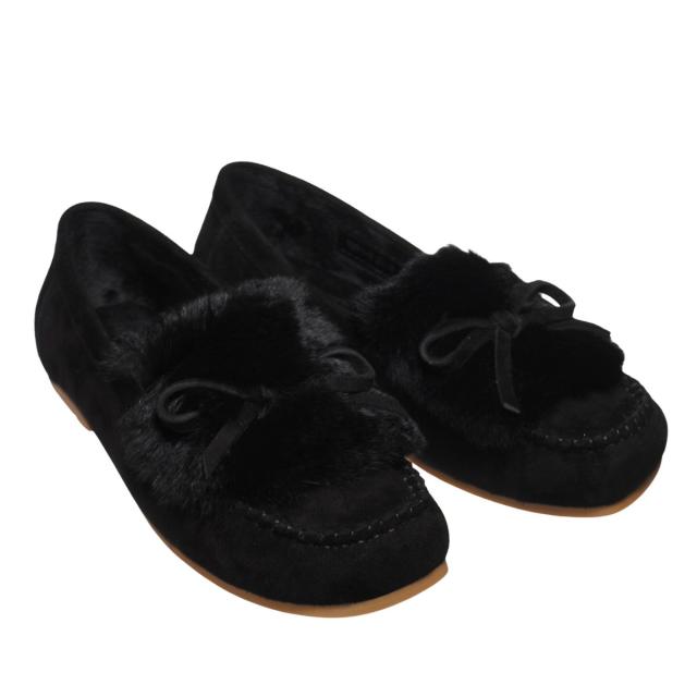 【靴のHOSHIKAWA】  『Dona Miss 1991-8』 ドナミス モカシン 22cm〜24.5cm レディース ブラック ラビットファー カジュアル レザーシューズ スクエアトゥ フラット  国産 天然皮革 秋冬