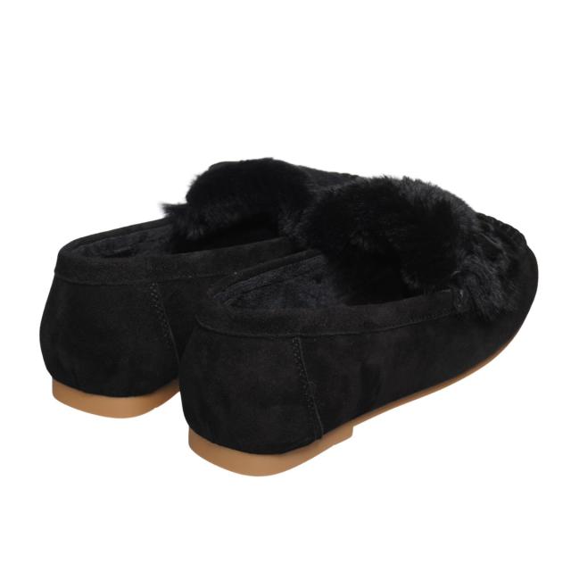 【靴のHOSHIKAWA】  『Dona Miss 1991-8』 ドナミス モカシン 22cm〜24.5cm レディース ブラック ラビットファー カジュアル レザーシューズ スクエアトゥ フラット  国産 天然皮革 秋冬